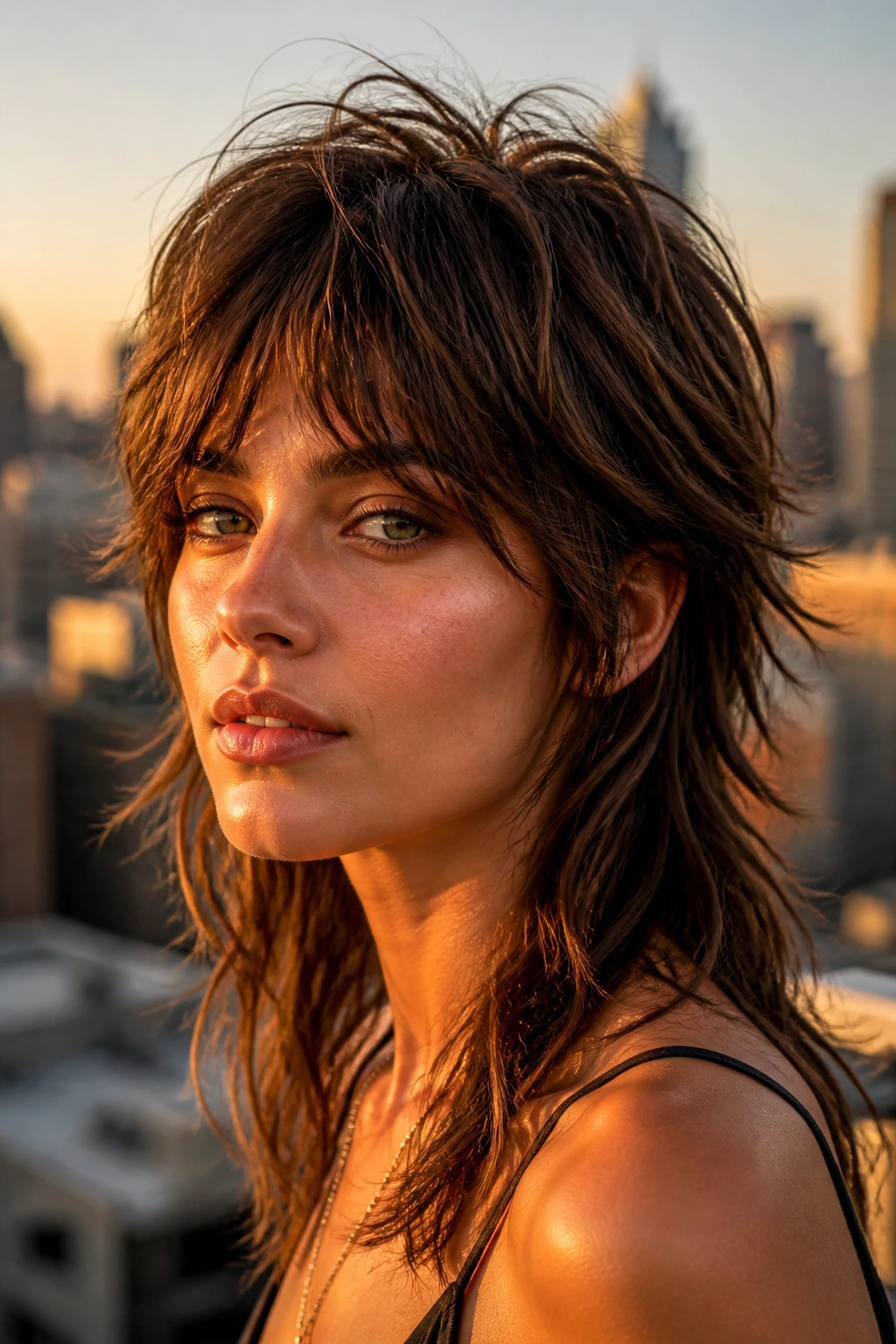 Portrait of a woman with a shaggy-mullet wolf cut