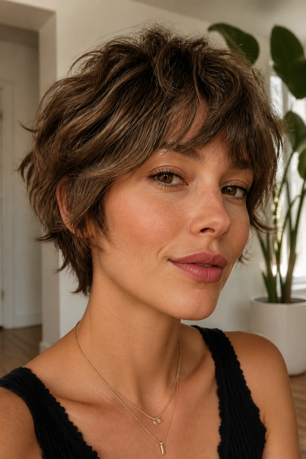 Close-up portrait of a real woman with a shaggy pixie-bob hybrid hairstyle.
