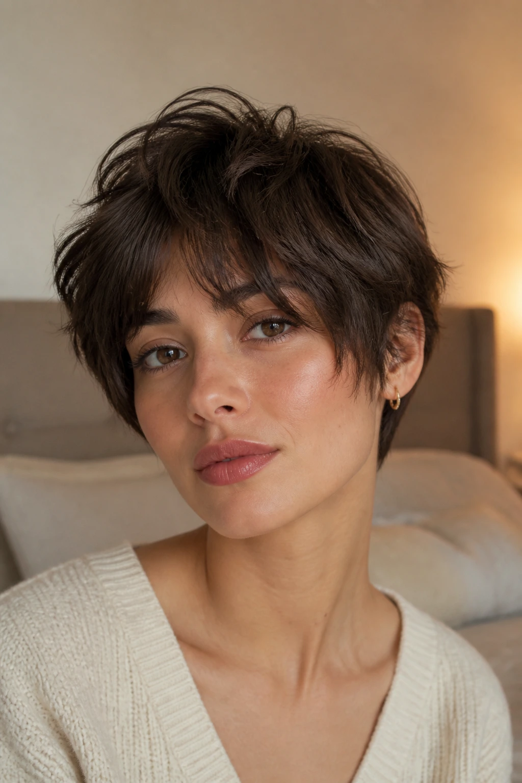 Close-up portrait of a real woman with a short shaggy pixie and curtain fringe in warm bedroom light.