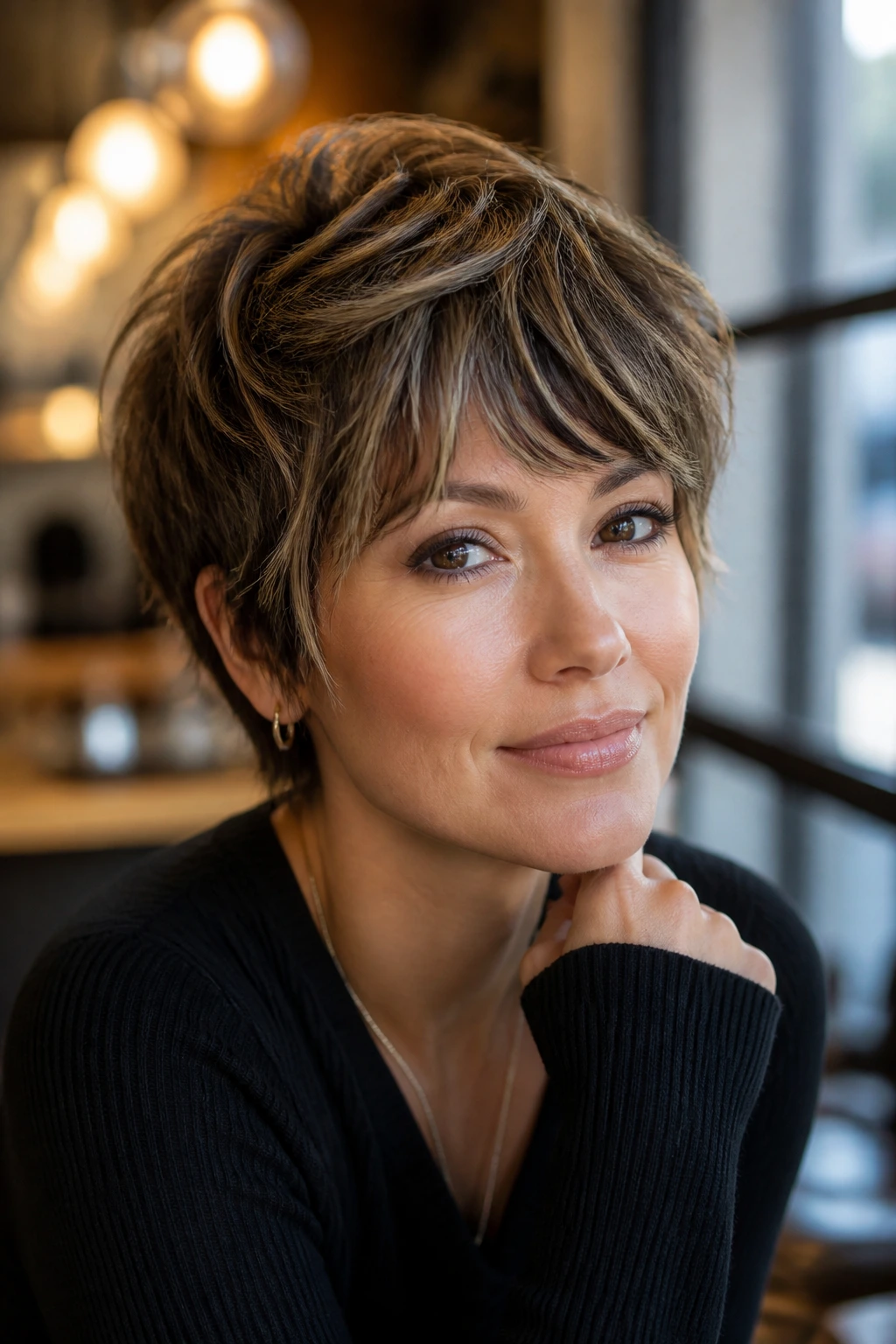 Real woman in a shaggy pixie with highlights.
