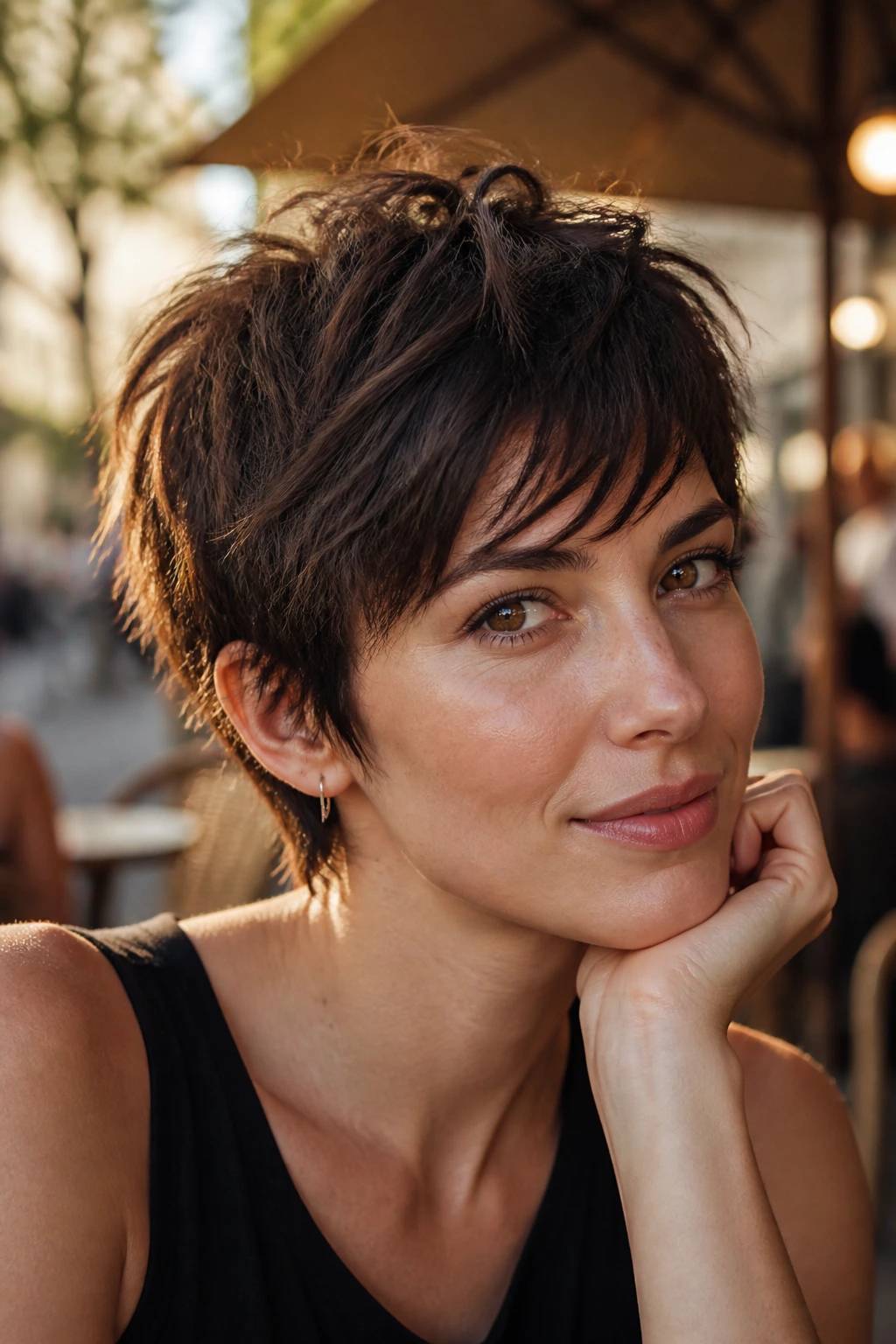 Close-up of a woman with a shaggy pixie haircut with texture