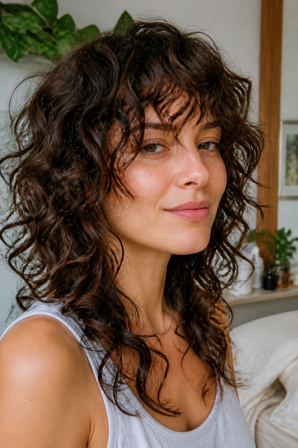 Portrait of a woman with shaggy wispy ringlets at the front