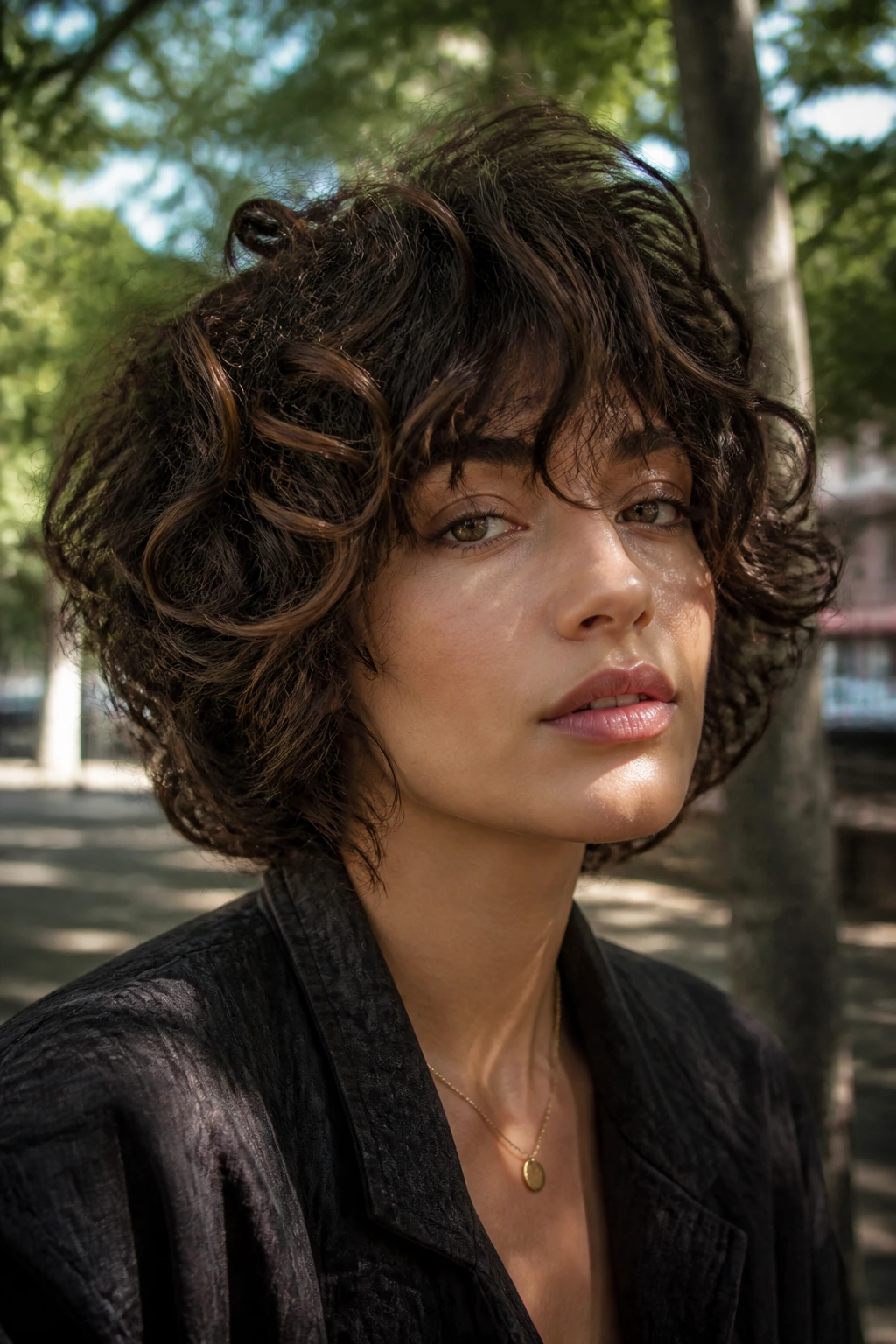 Close-up of a real person with a shaggy stacked bob hairstyle in a park