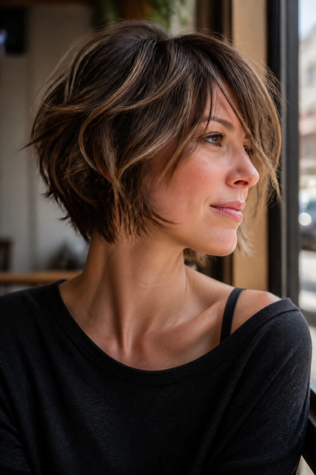 Close-up portrait of a real woman with a shaggy, stacked bob and tousled texture.
