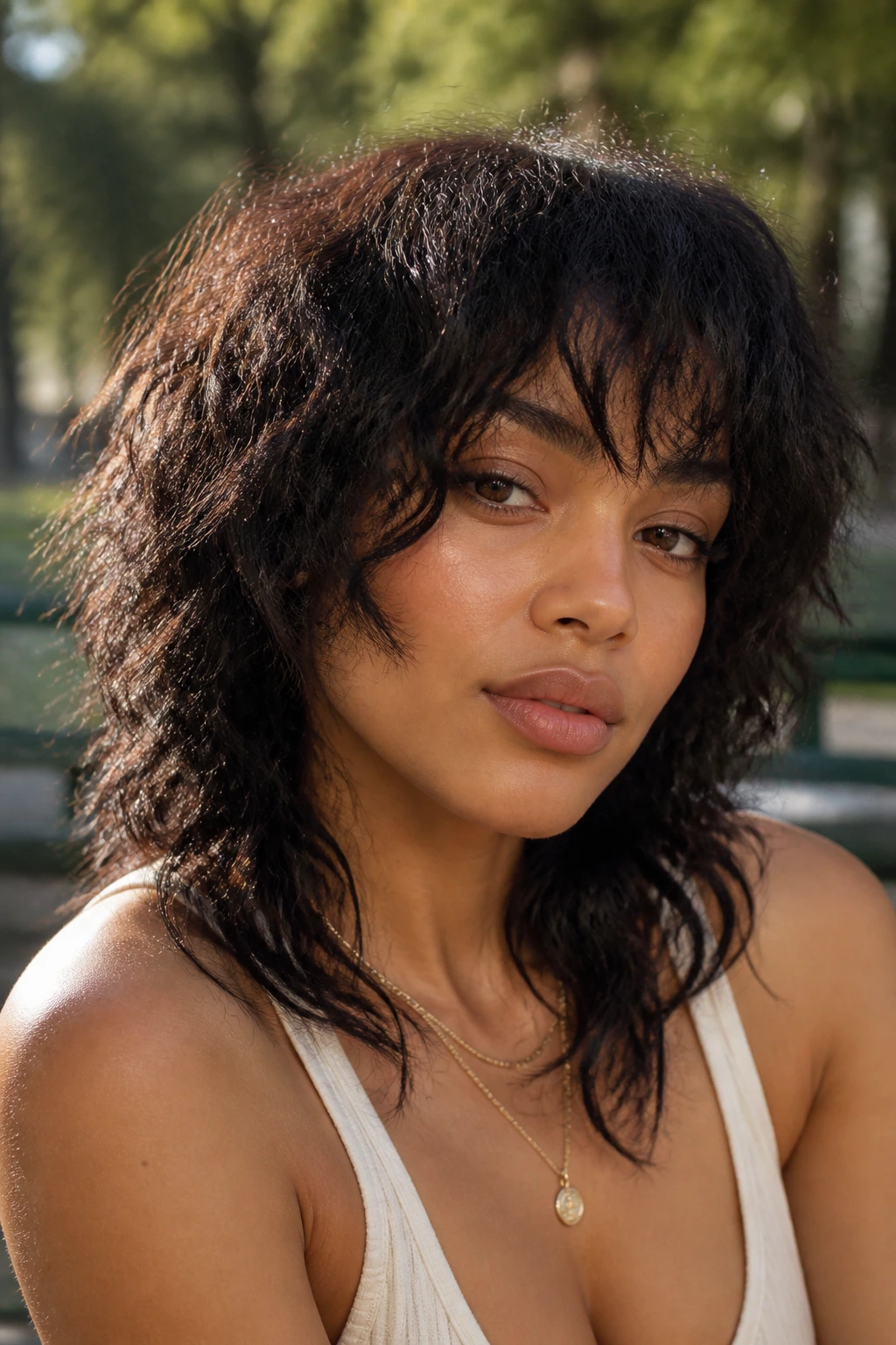 Close-up portrait of a real person with shaggy textured bangs and layered hair