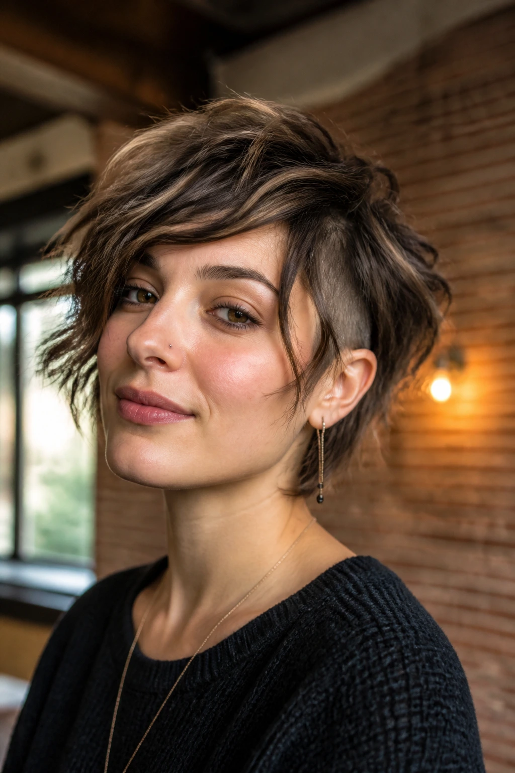 Portrait of a real woman with a shaggy undercut bob.