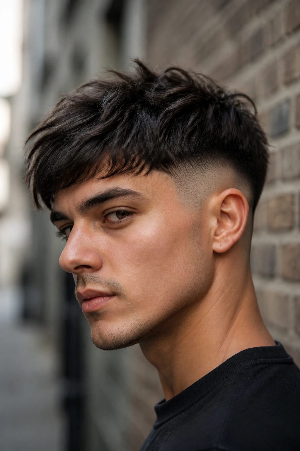 Real man with shaggy undercut crop against brick urban backdrop