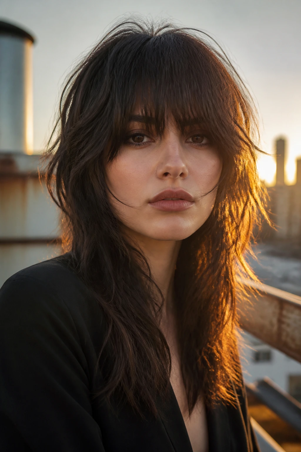 Close-up of a real woman with shaggy V-cut and heavy fringe on a rooftop at golden hour