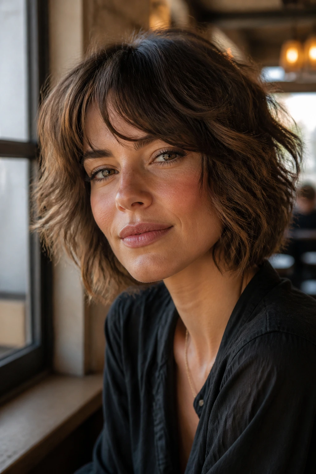 Close-up of a person with a shaggy wavy bob in a cafe setting