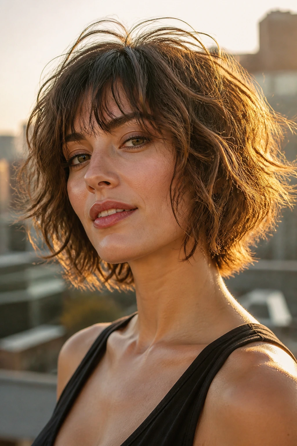 Close-up portrait of a real woman with a shaggy wavy bob and crown volume at golden hour.