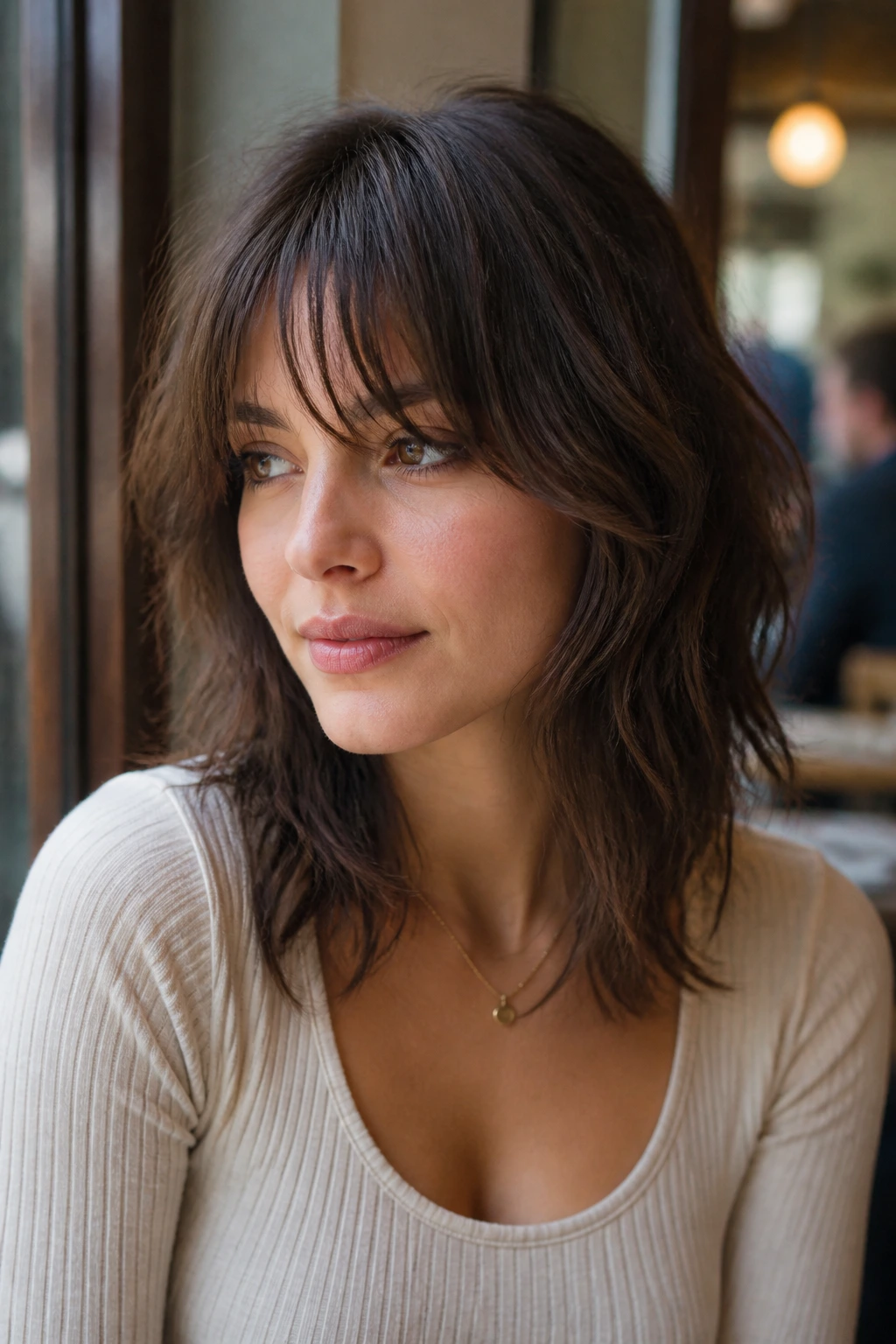 Close-up of a real woman with shaggy wispy bangs in a cozy cafe setting
