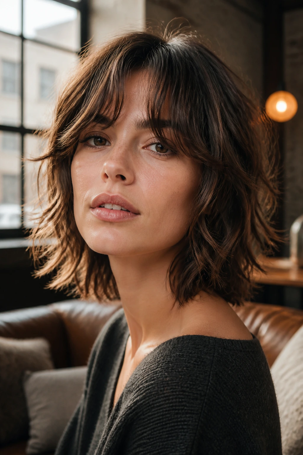 Portrait of a woman with shaggy Wolf bob and curtain bangs in a cozy loft setting.