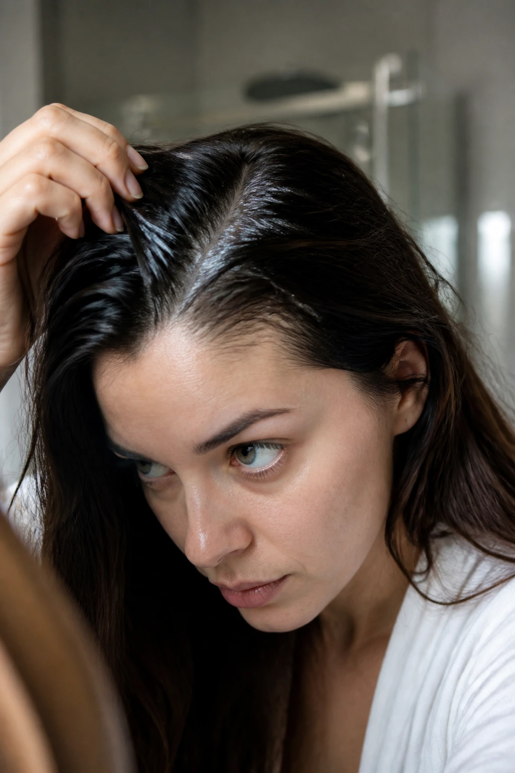 Close-up portrait of greasy roots and scalp in bathroom setting