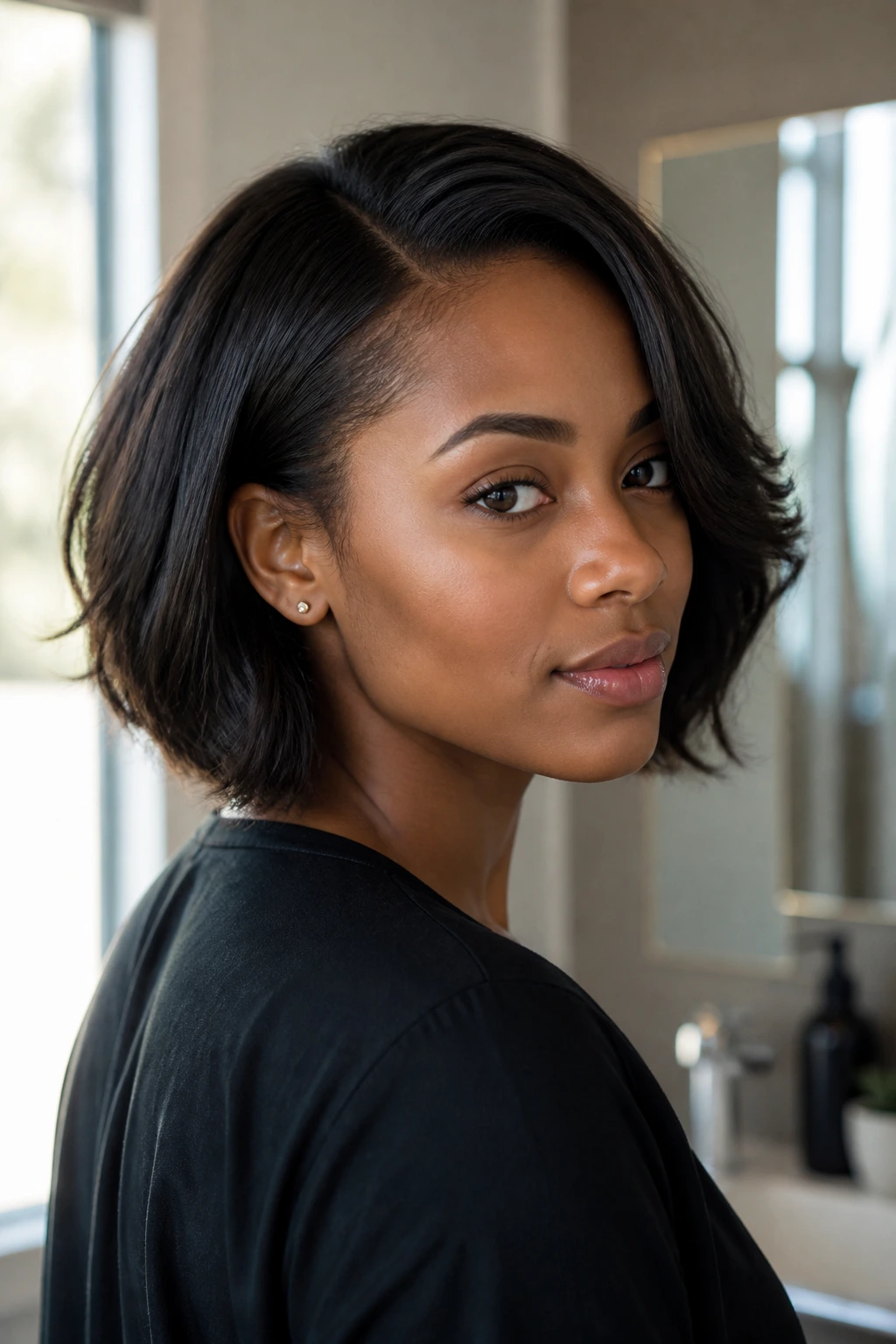 Close-up portrait of a real person with a sculpted haircut showing balanced shape in natural light.