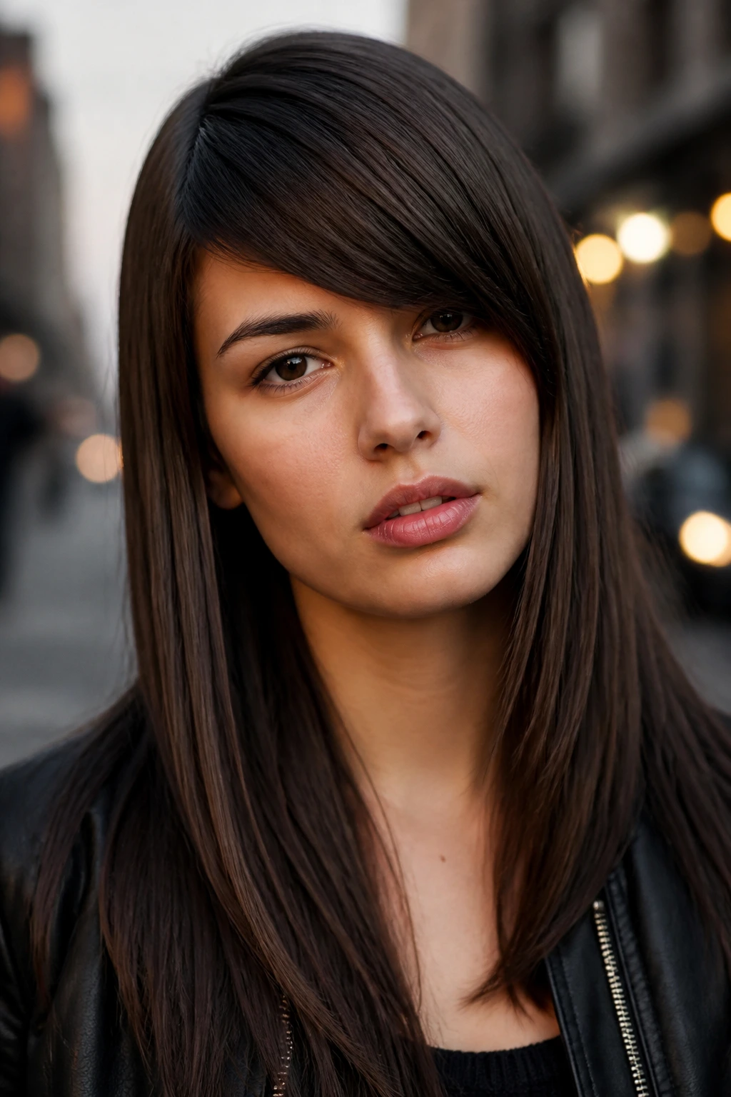 Close-up portrait of a woman with sharp asymmetrical bangs and straight hair