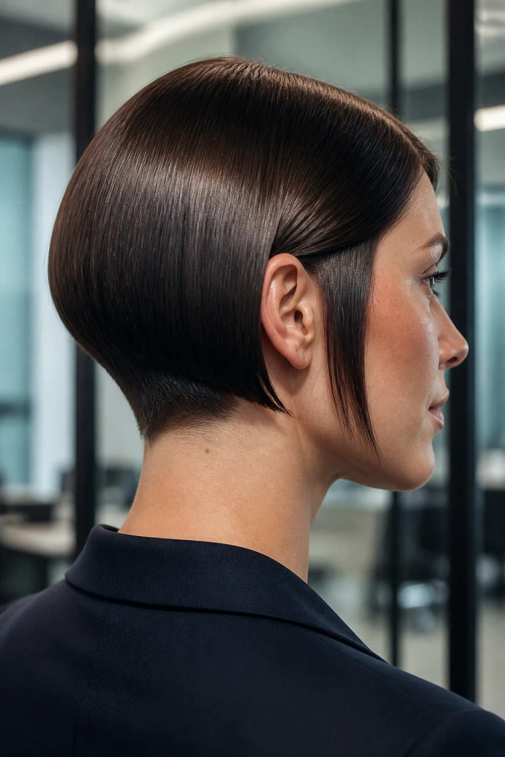 Portrait of a real person with sharp geometrical stack hairstyle in a modern office