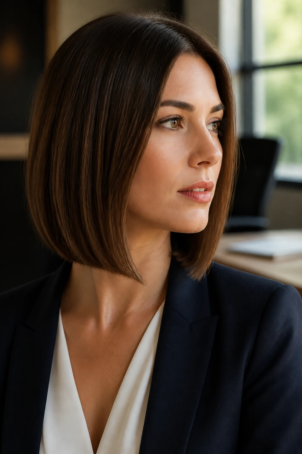 Close-up of a real woman with a sharp lob at collarbone length in an office setting
