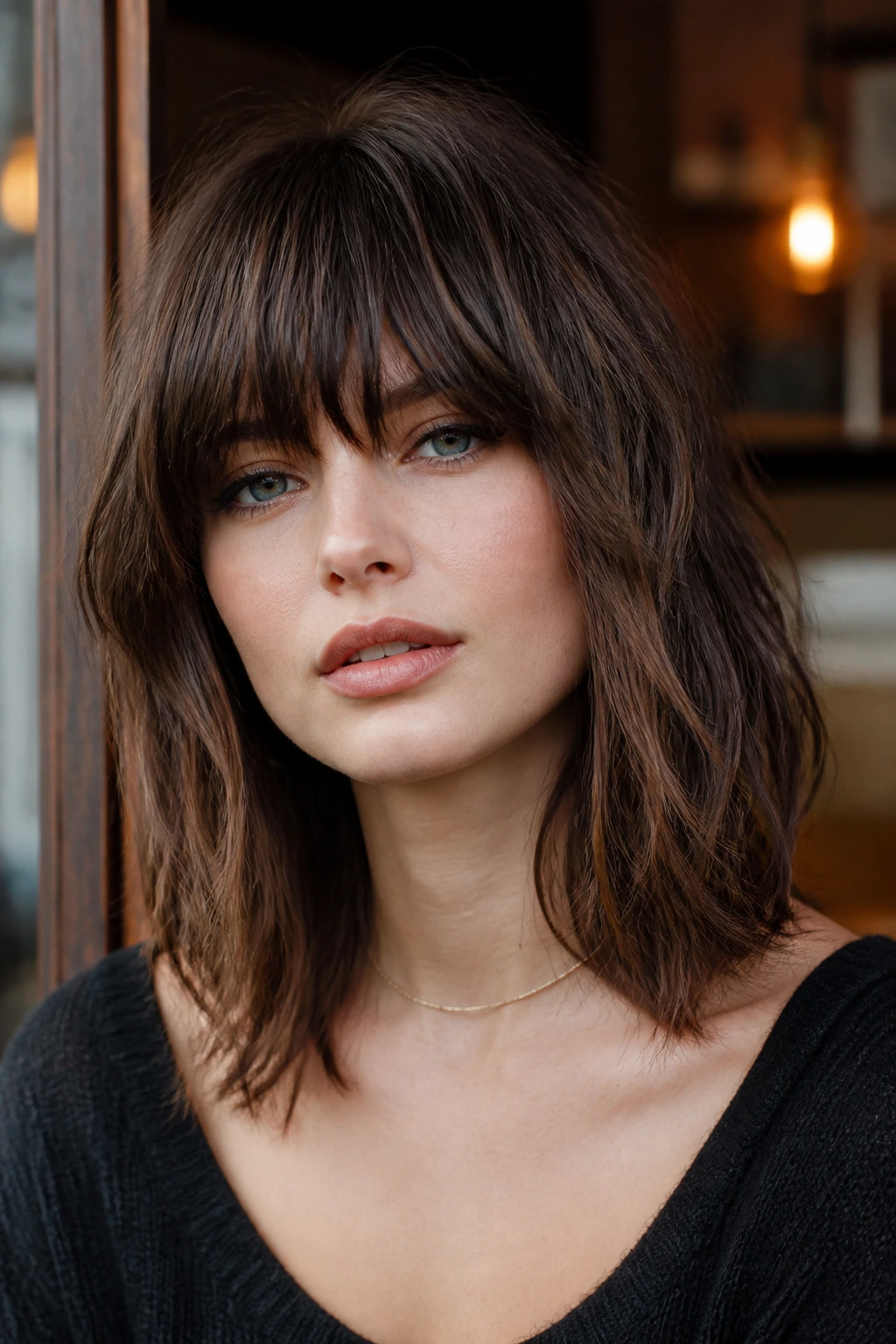 Real woman with choppy shattered-edge thick bangs