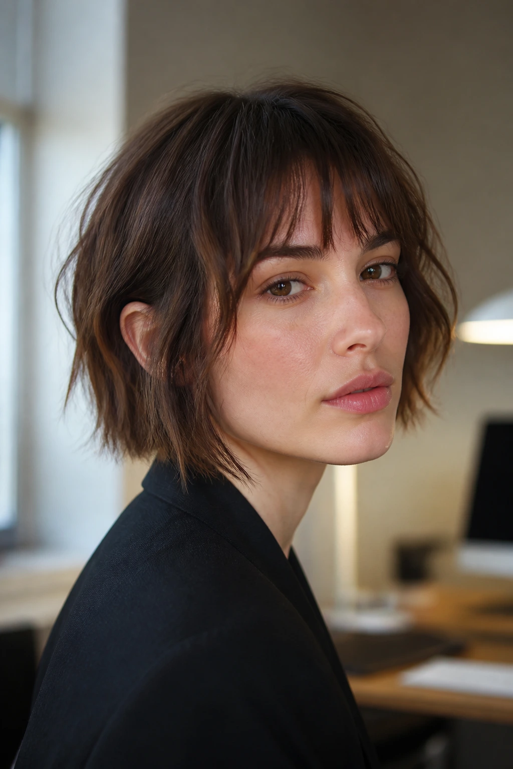 Close-up portrait of a real woman with a minimalist shattered bob in a polished office setting