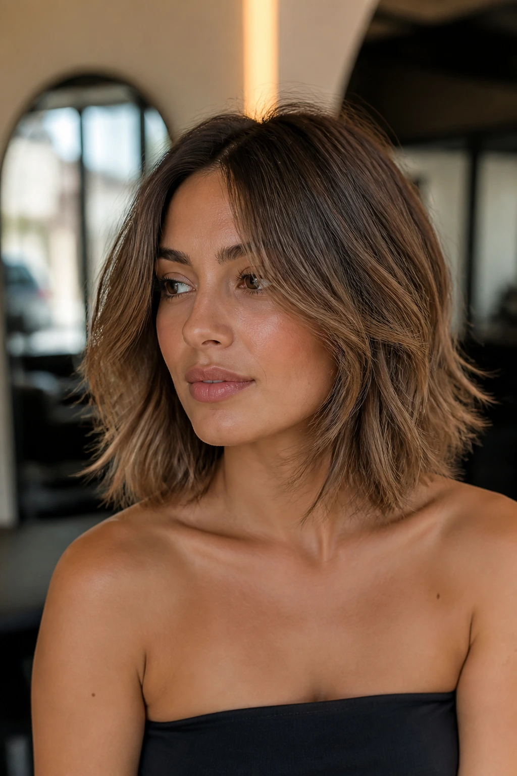 Close-up of a real woman with a feathered collarbone-length bob