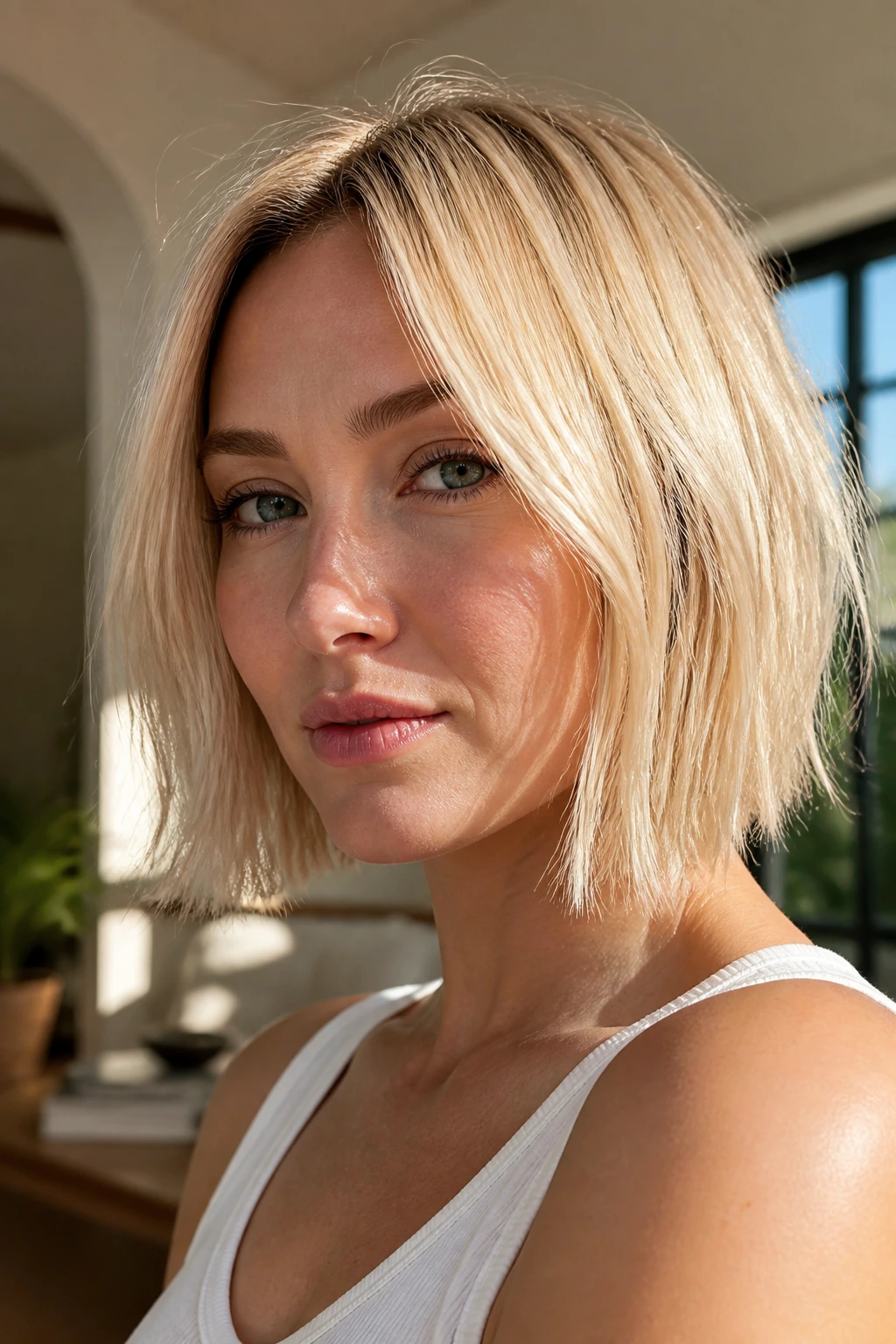 Real woman with jagged, shattered blonde ends in a bob