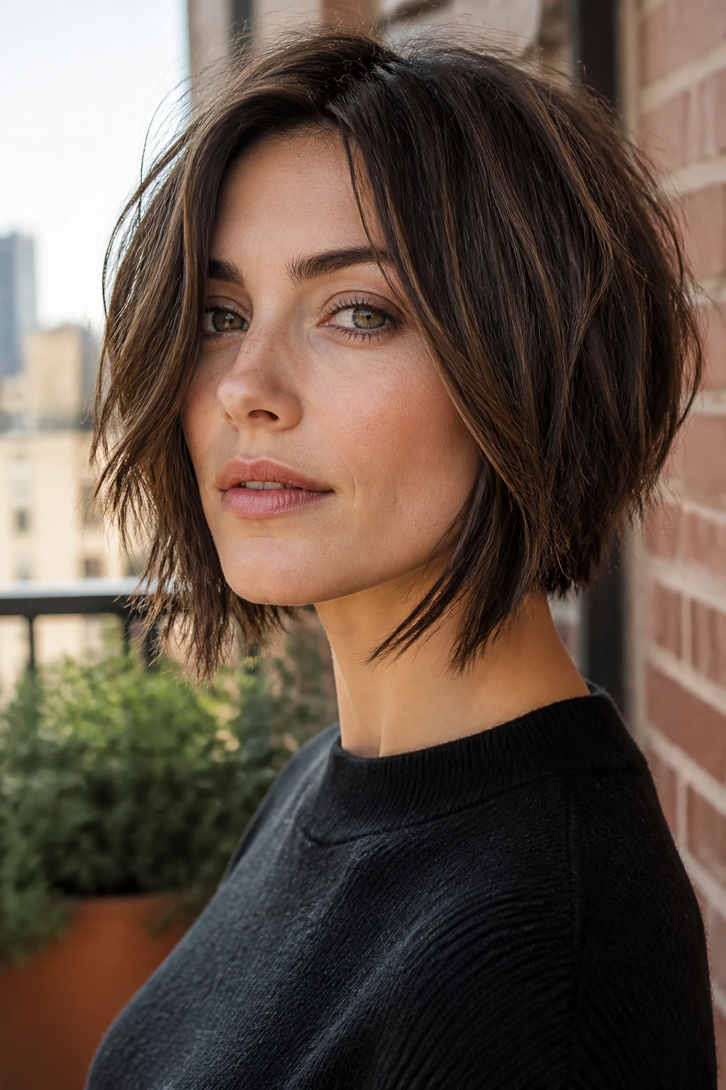 Close-up portrait of a real woman with shattered-ends angled bob in warm natural light