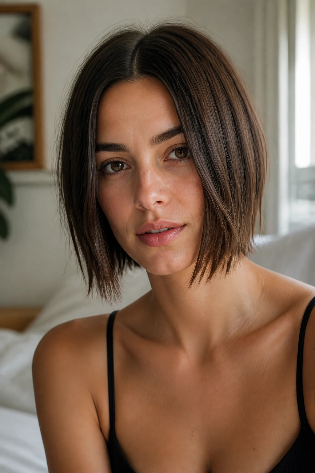 Close-up portrait of a real woman with shattered ends bob and wispy tips