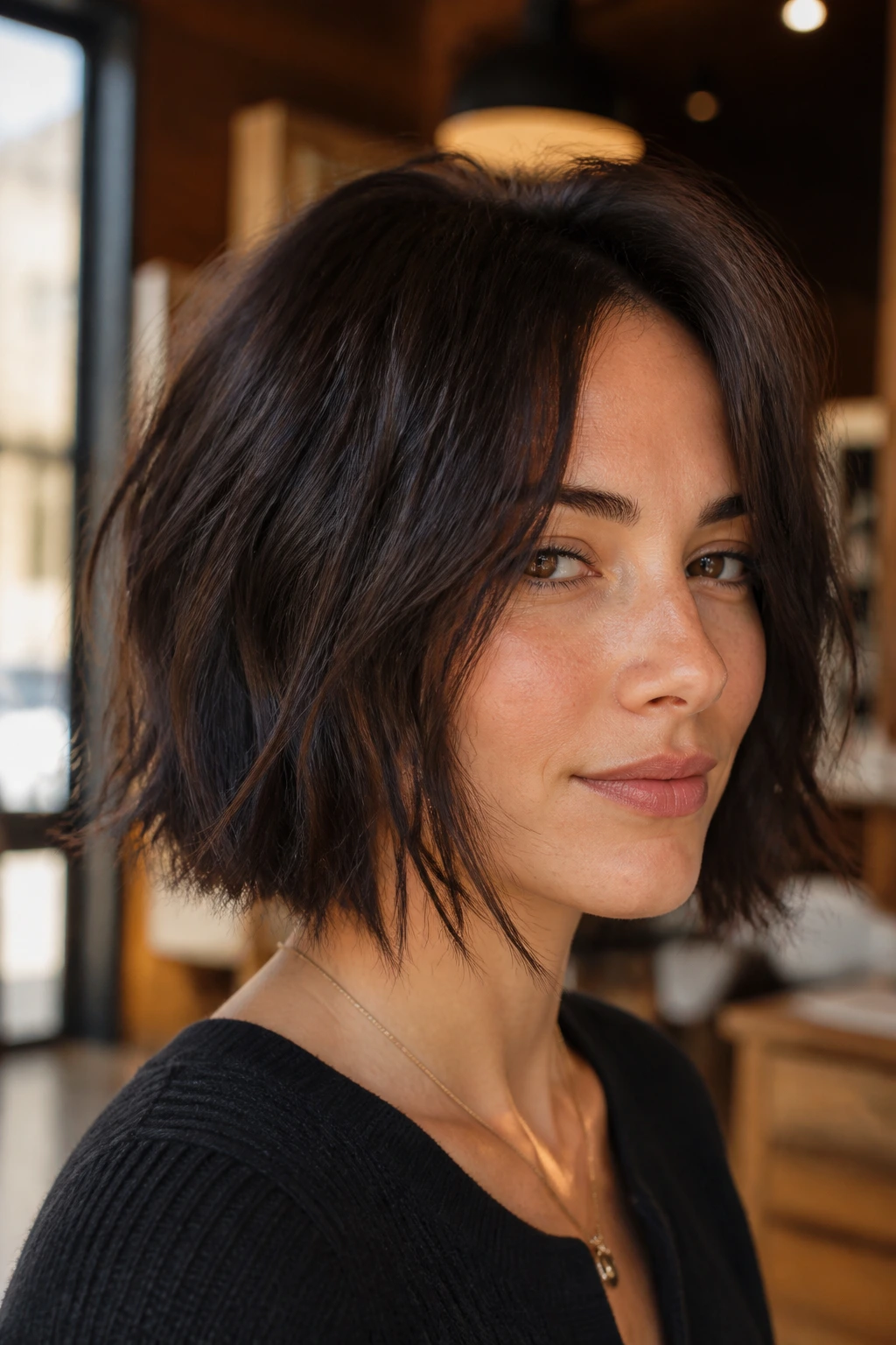 Close-up of a real woman with shattered-end espresso bob in warm salon light