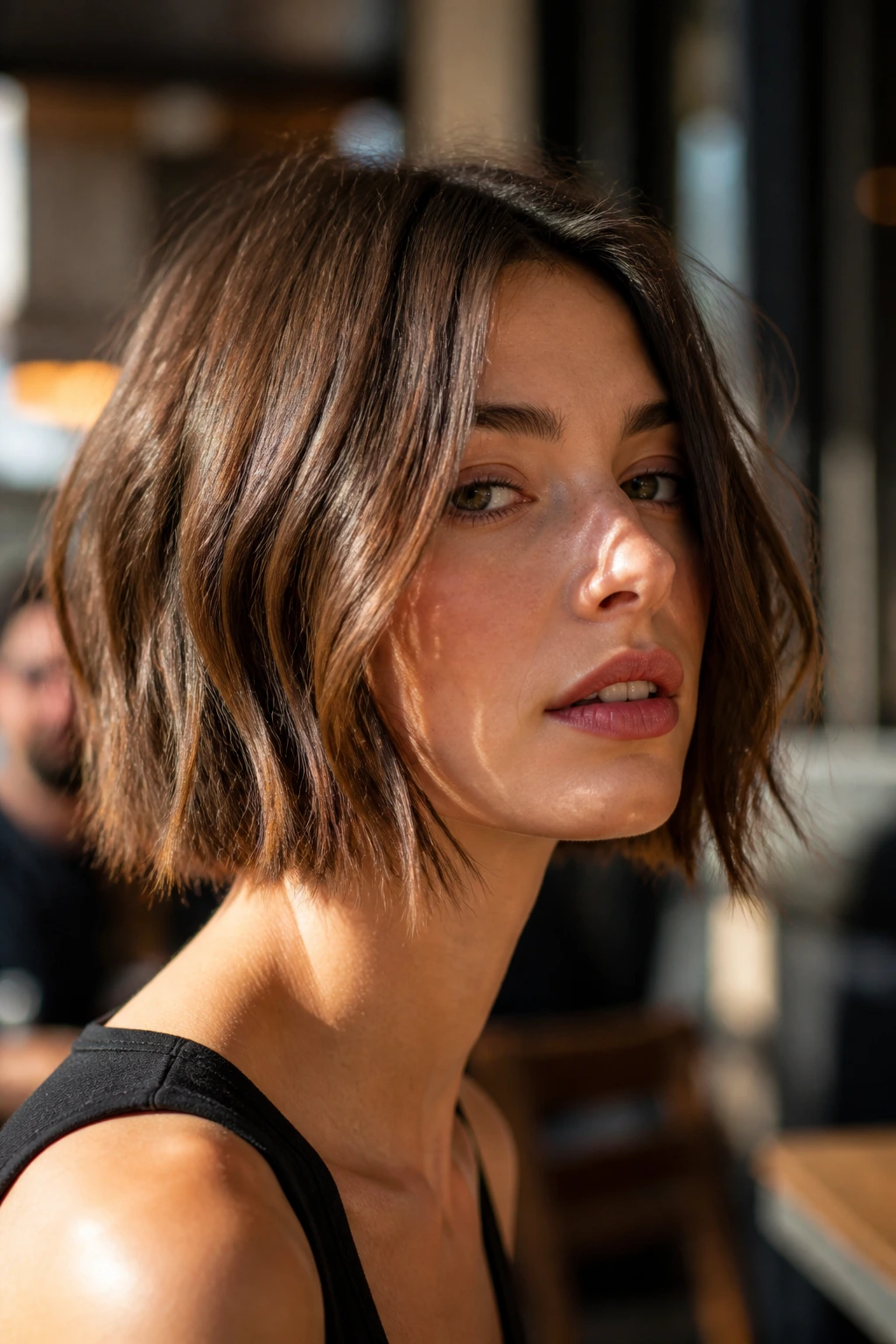 Close-up portrait of a real woman with a jagged jawline razor-cut bob.