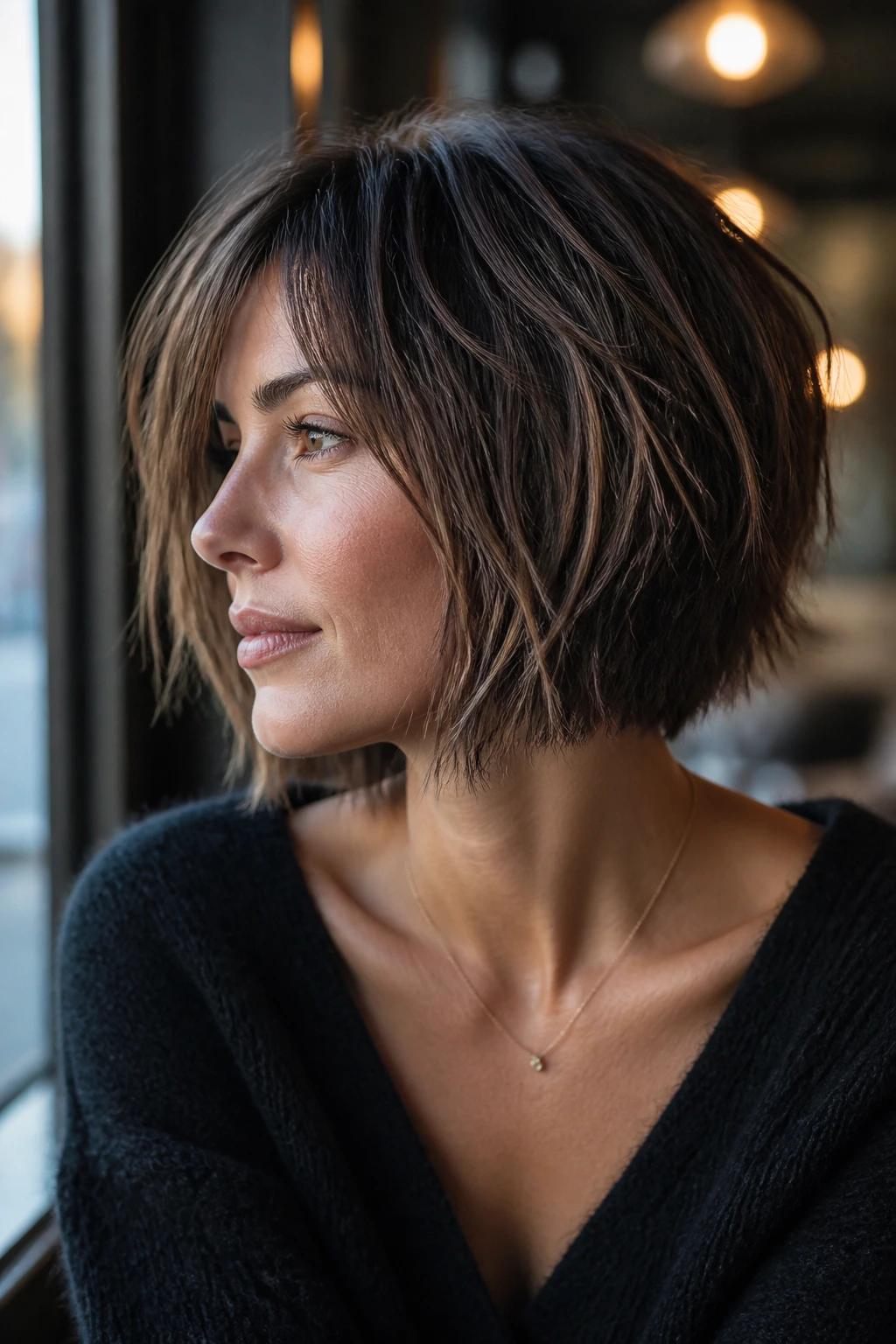 Close-up portrait of a woman with jagged layered ends in a shattered bob
