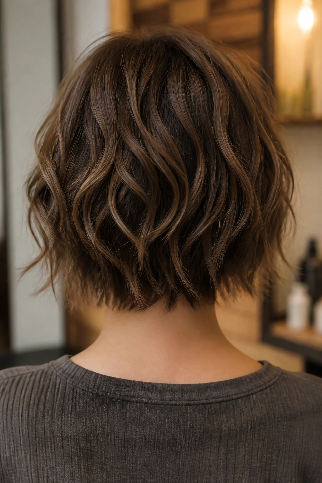 Back view of a real woman with shattered layers and airy waves in a warm salon