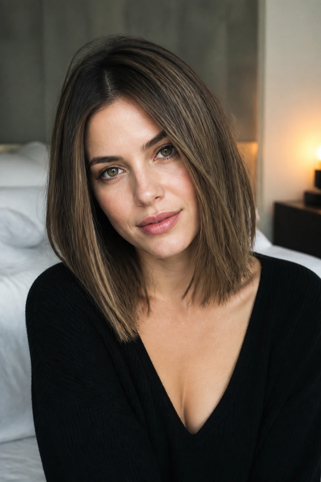 Real woman with a softly shattered lob showing textured ends