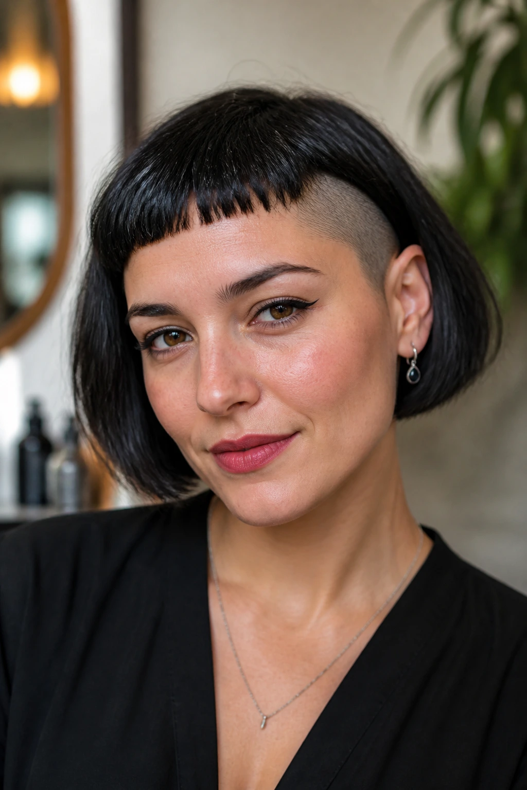 Close-up of a real woman with shaved bob and micro-bangs