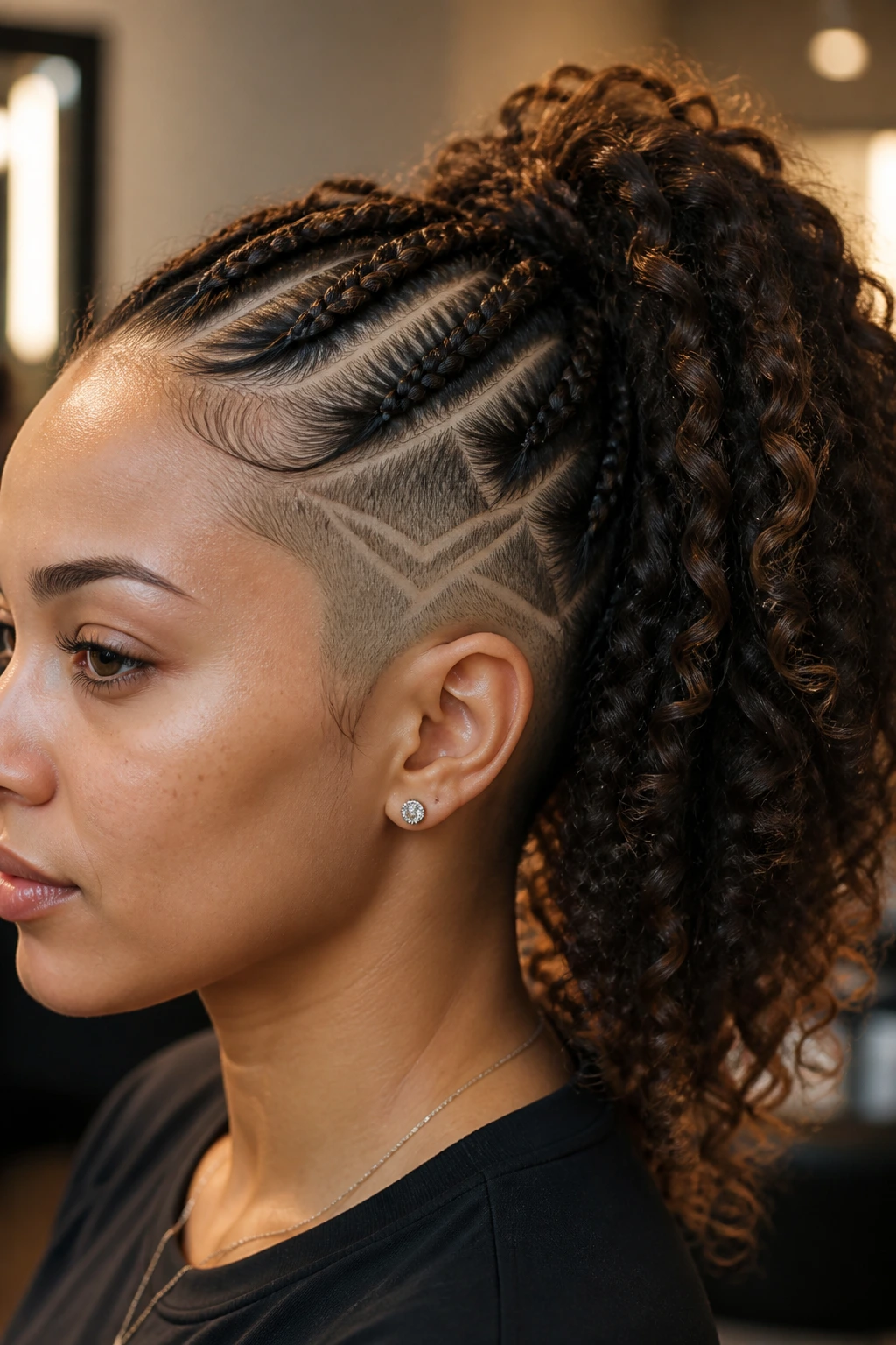 Close-up of a real person with a shaved geometric side, braided pattern, and curly ponytail in a salon.