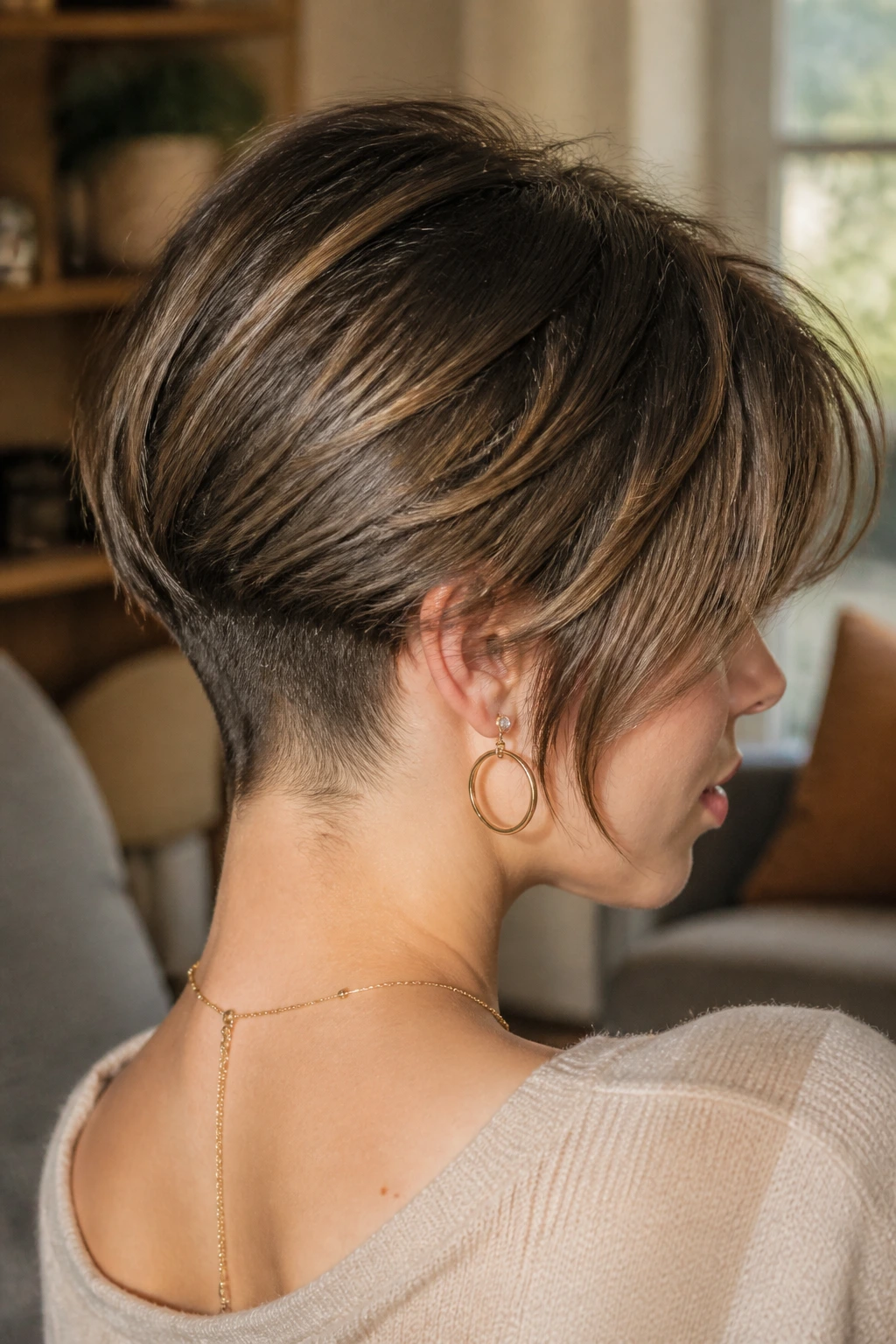 Portrait of a real woman with shaved nape and soft side-swept layers.
