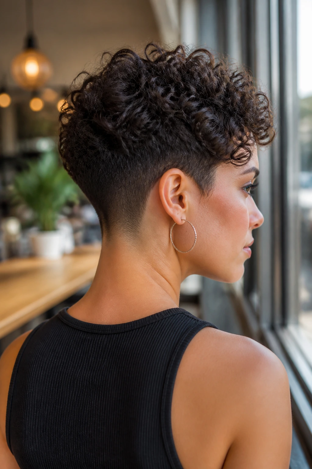 Close-up of woman with shaved-nape short curly cut.