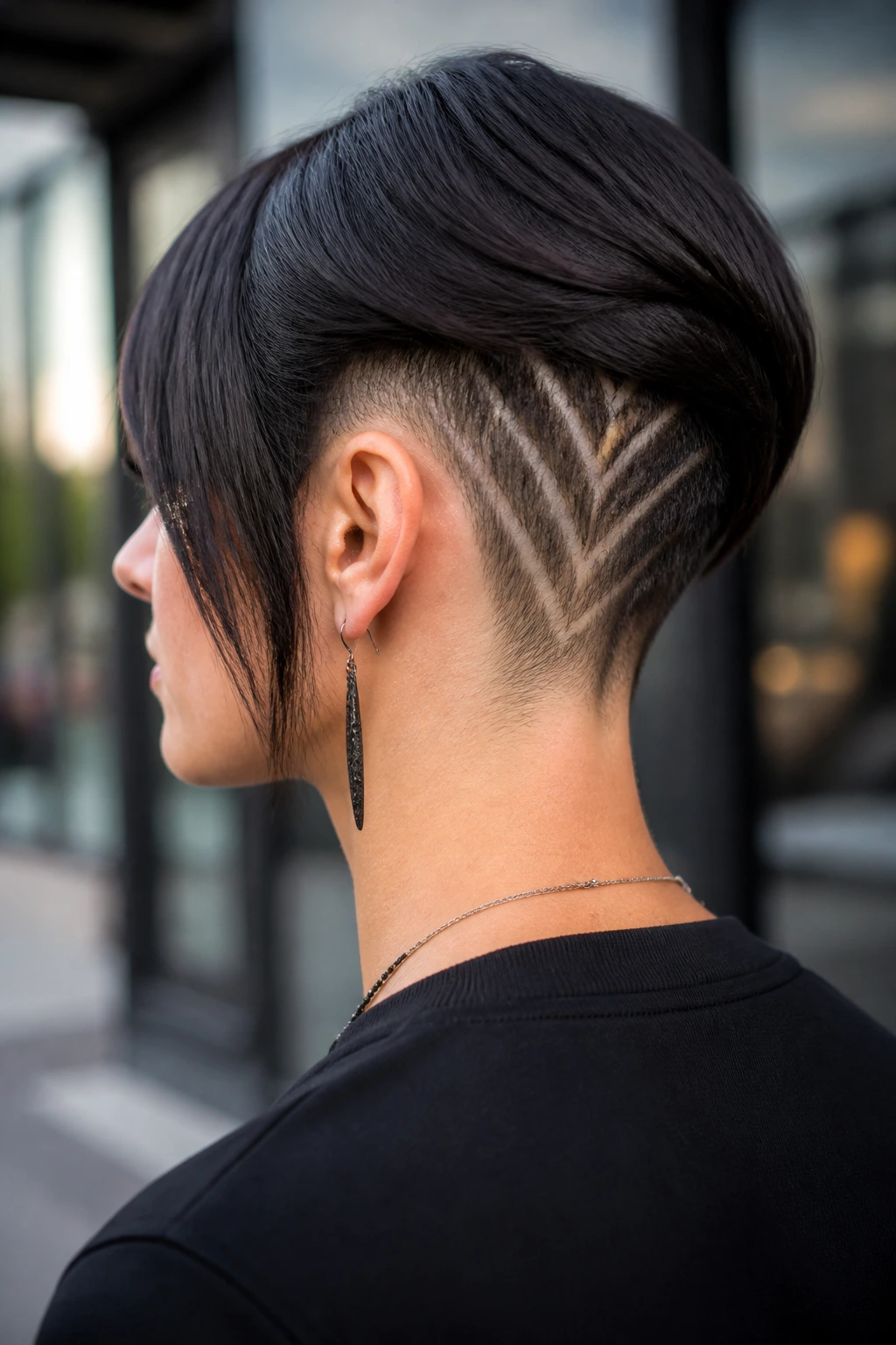 Real person with shaved undercut featuring a bold vertical chevron pattern.