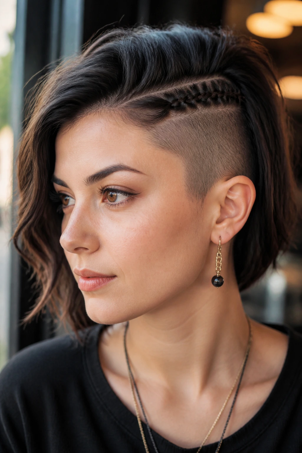 Portrait of a real woman with shaved side and braided hairline accent.