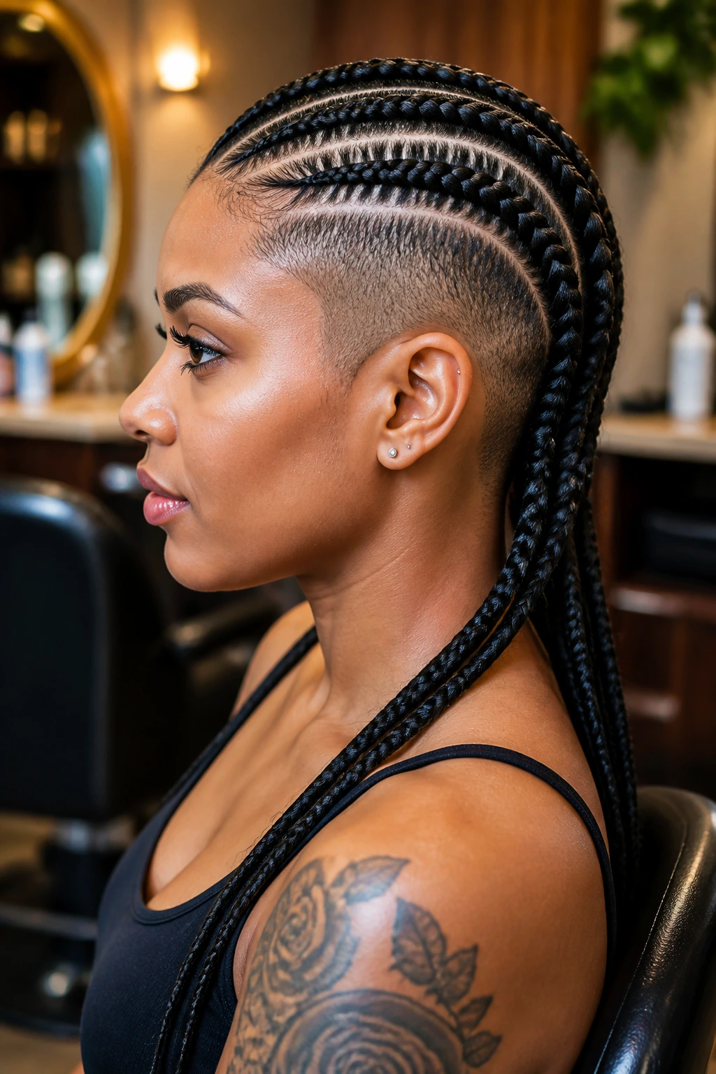 Profile view of a woman with shaved sides and cornrow braids in a salon setting.