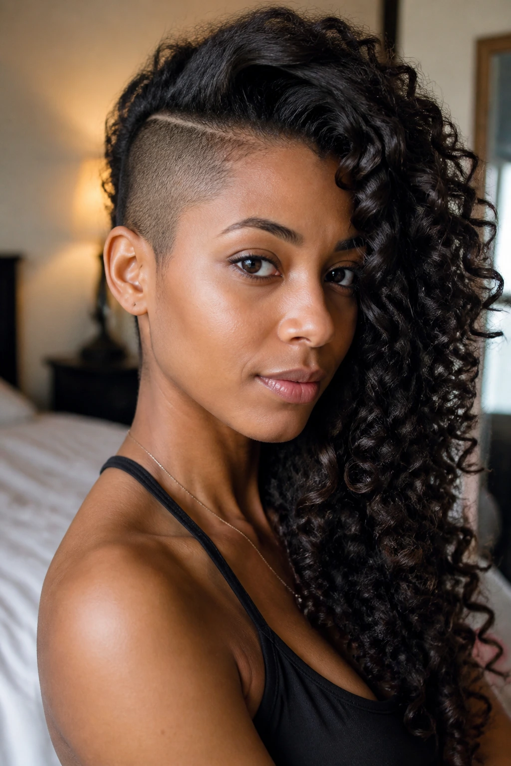 Portrait of a person with a shaved side and long curls on the other side.