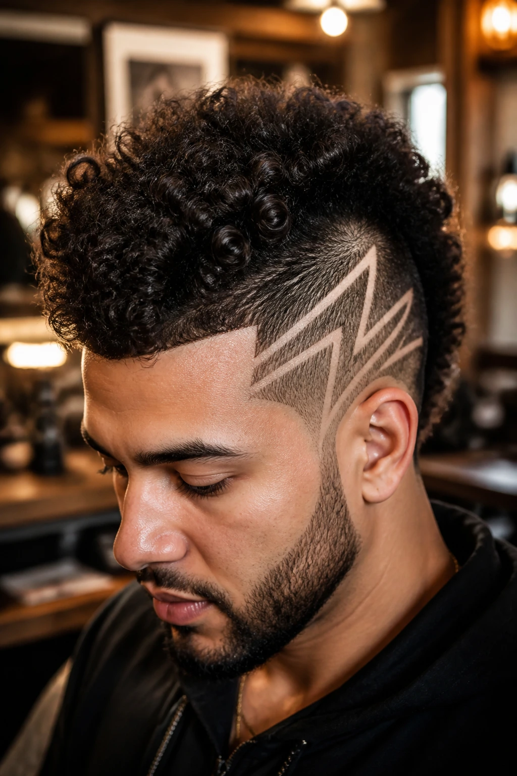 Portrait of a real person with shaved side designs and curly center hawk in a barber shop setting.