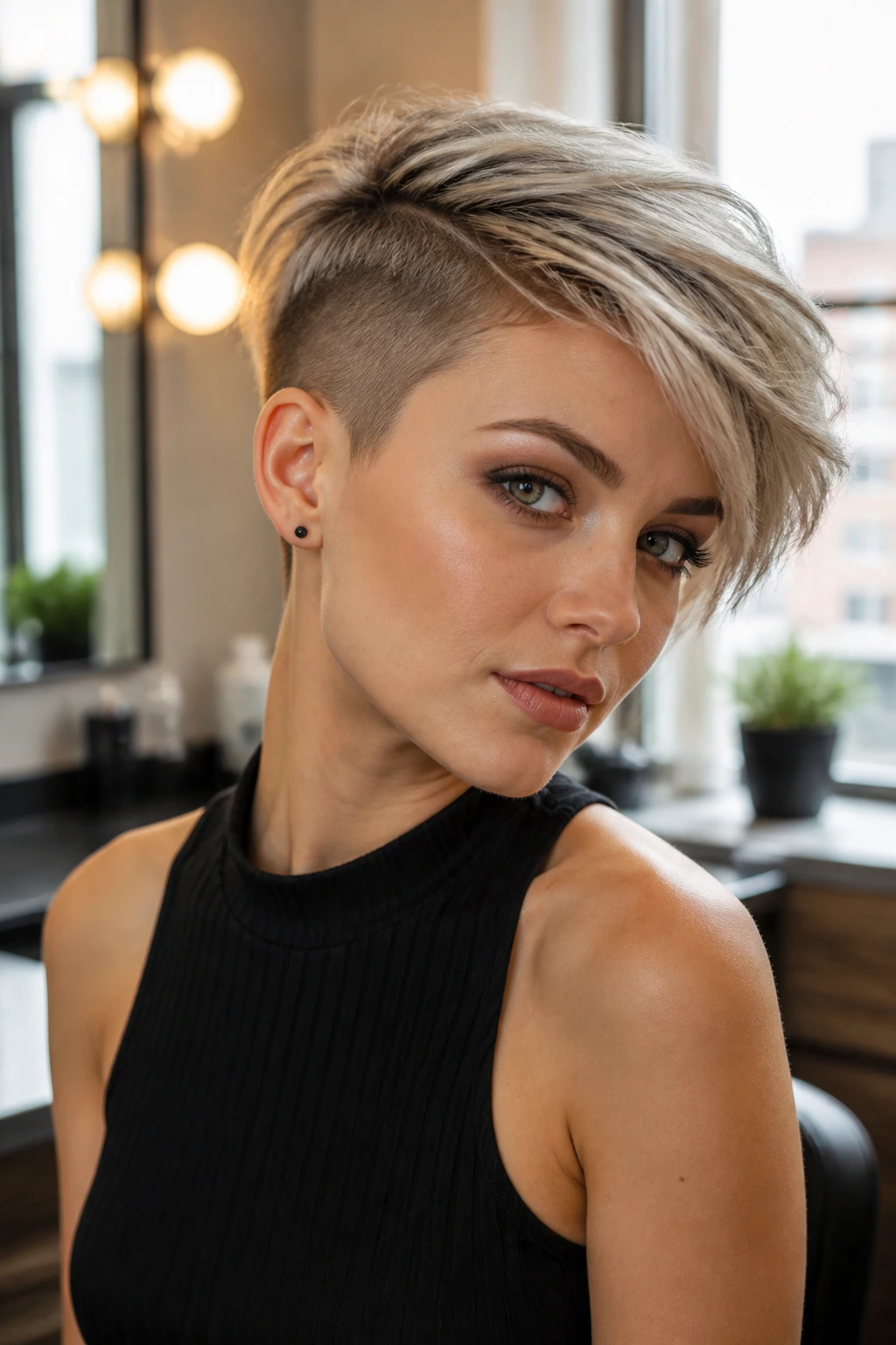 Close-up of a real person with shaved sides and a layered pixie top swept to the side