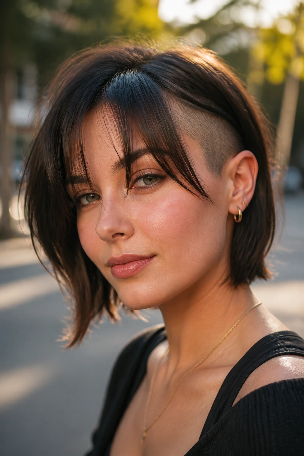 Close-up of a person with a shaved side and wispy bangs
