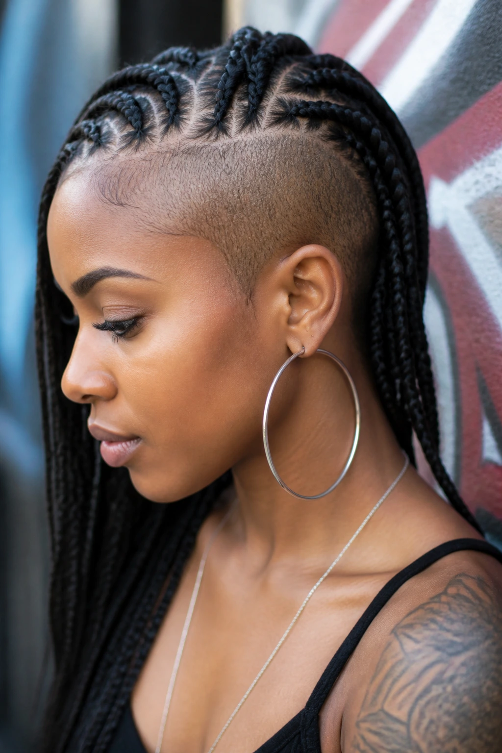 Medium close-up of braids with shaved sides on a real person in urban light