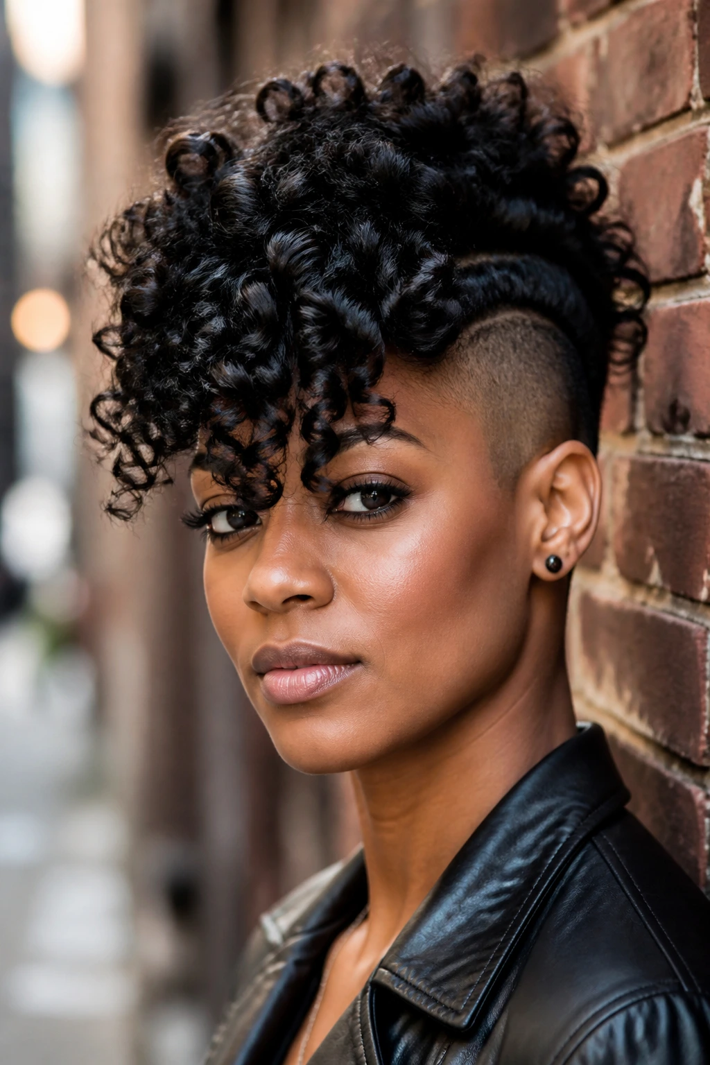 Close-up of a real person with shaved sides and curly faux-hawk bangs against a brick wall