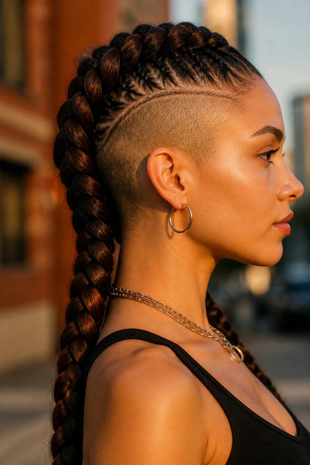 Profile shot of a real person with shaved sides and a long braided tail