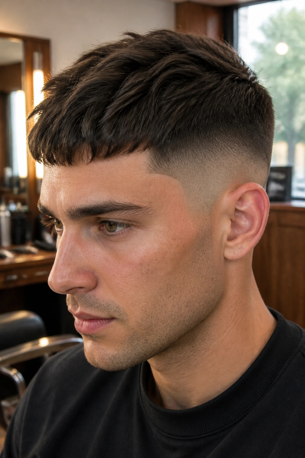 Close-up portrait of a man with shaved sides and a textured French crop.