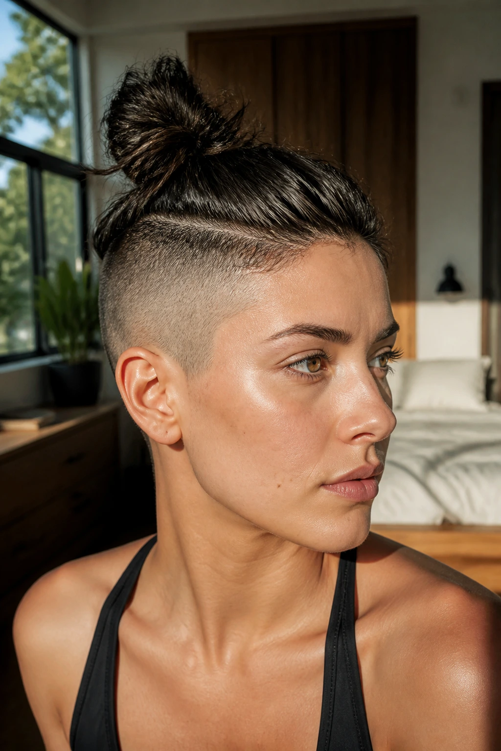 Close-up portrait of a real person with shaved sides and a textured top-knot in natural window light.