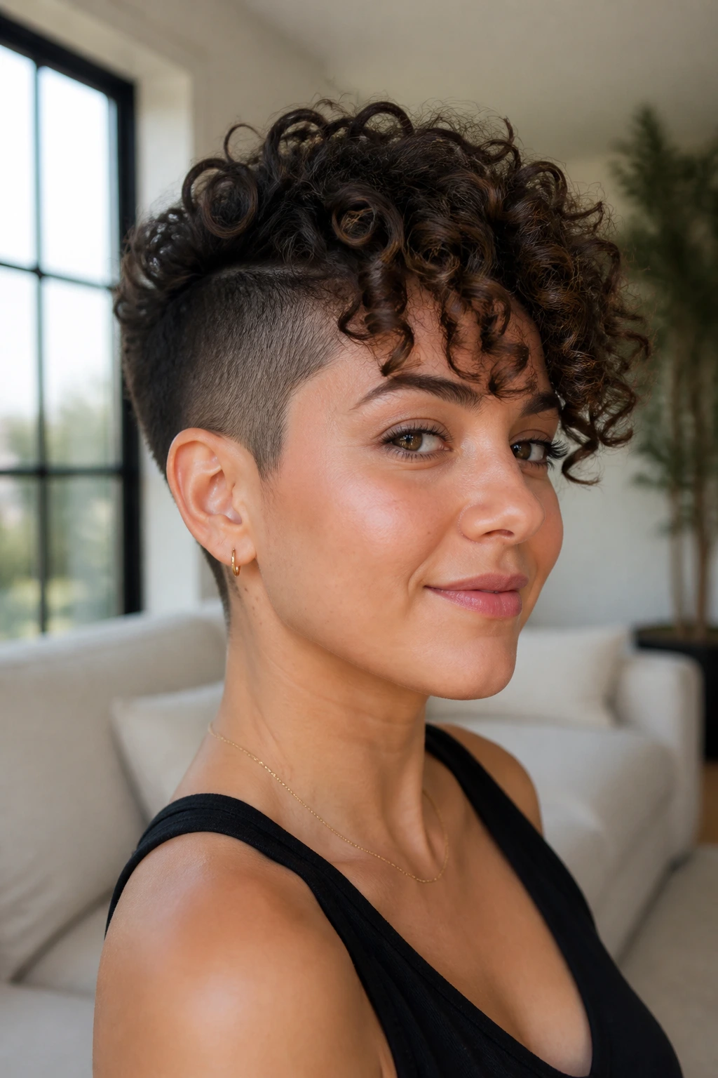 Close-up of The Shaved Undercut with Curls on a real woman with shaved sides and voluminous curls