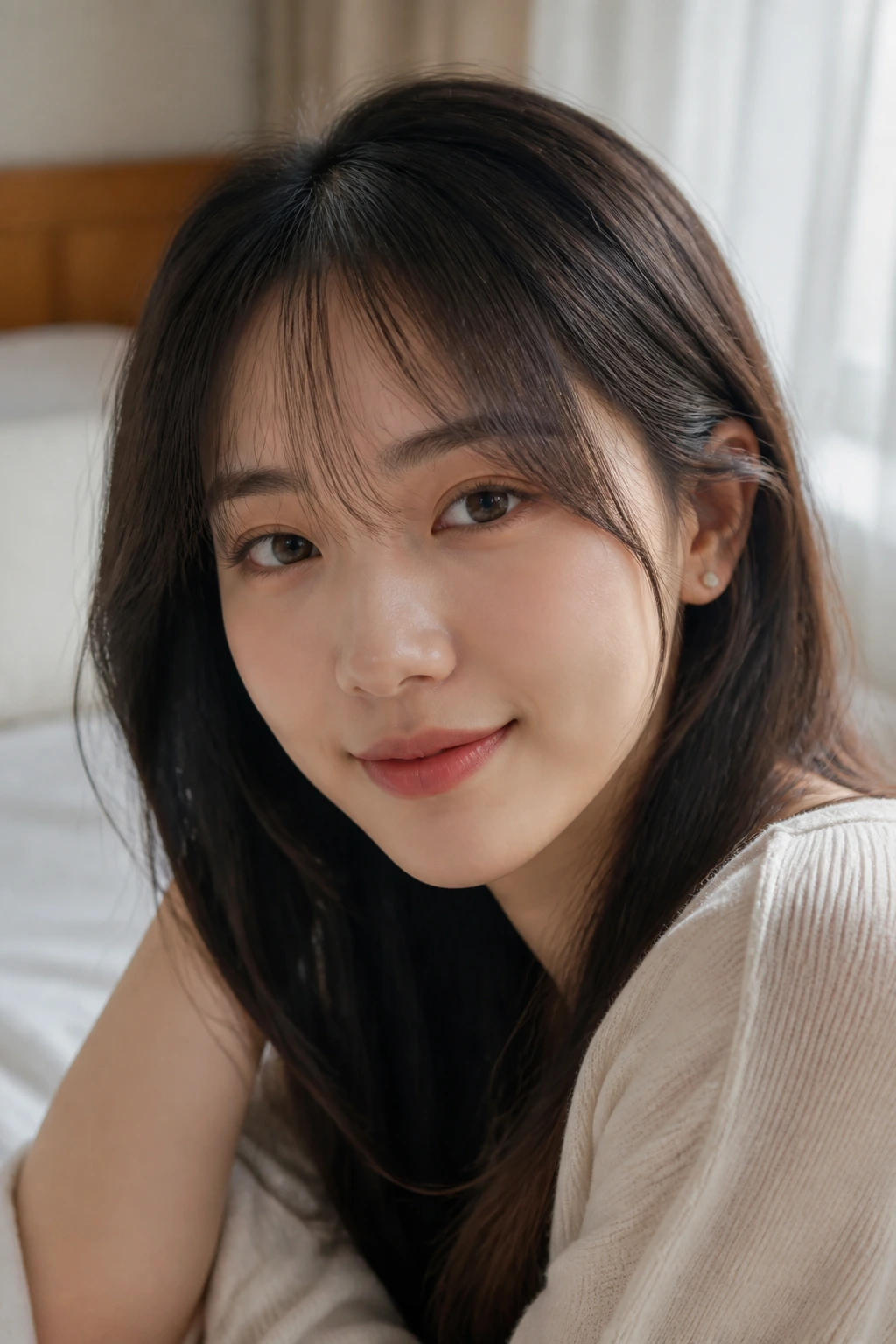 Close-up of a real woman with Sheer Korean See-Through Bangs in soft daylight
